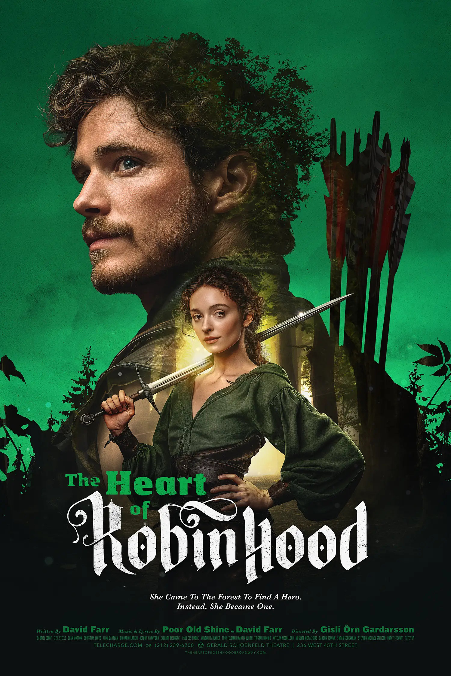 Key Art campaign for the musical The Heart Of Robin Hood on Broadway, art direction and design by Joe Cosentino
